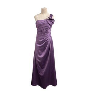 Davids Bridal One-Shoulder Purple Satin Evening Gown With Ruffle Detail Size 8,